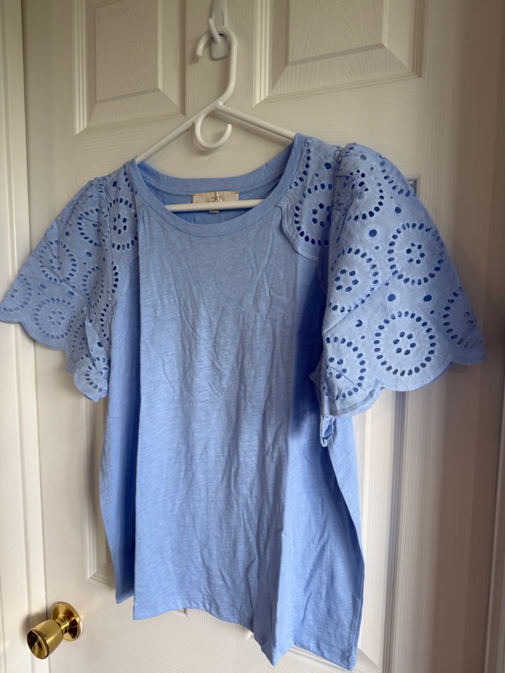 NWT LOFT Light Blue Eyelet Puff Sleeve Tee - Picture 6 of 8